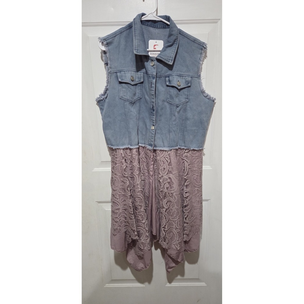 FindThy Denim Sleeveless Cardigan W/Rip Patchwork Pink Lace Design Women XL-NWT